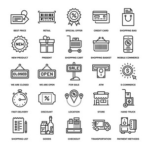 Abstract vector collection of line shopping and retail icons. Elements ...