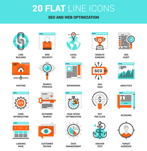 Vector set of SEO and web optimization flat line web icons. Each icon ...
