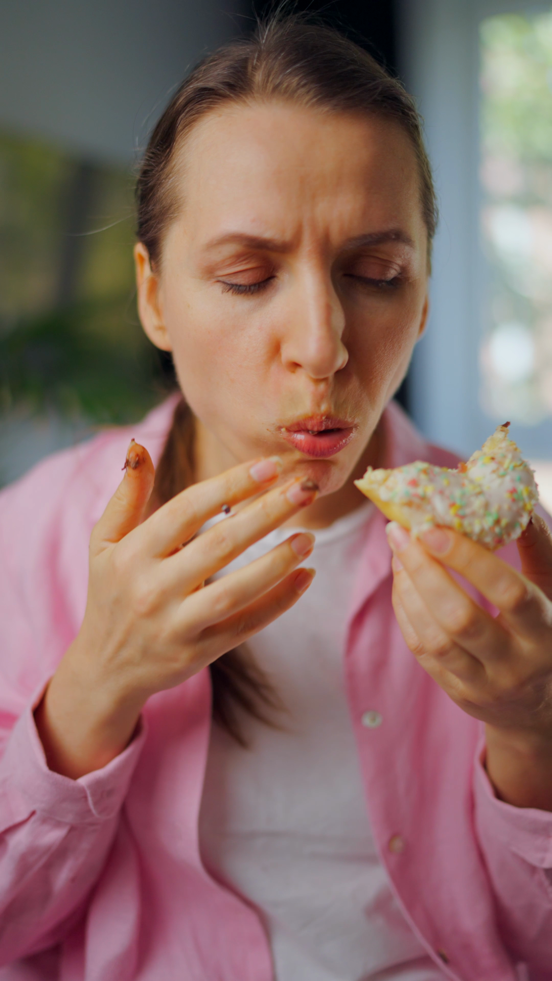 Woman With Eating Disorder Eating Two Donuts Stock Footage SBV ...
