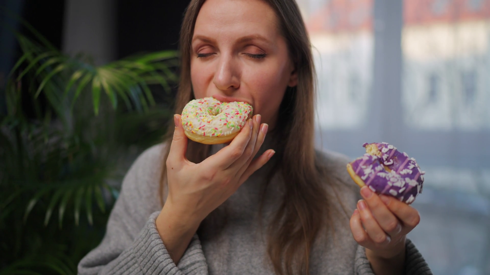 Woman With Eating Disorder Eating Two Donuts Stock Footage SBV ...