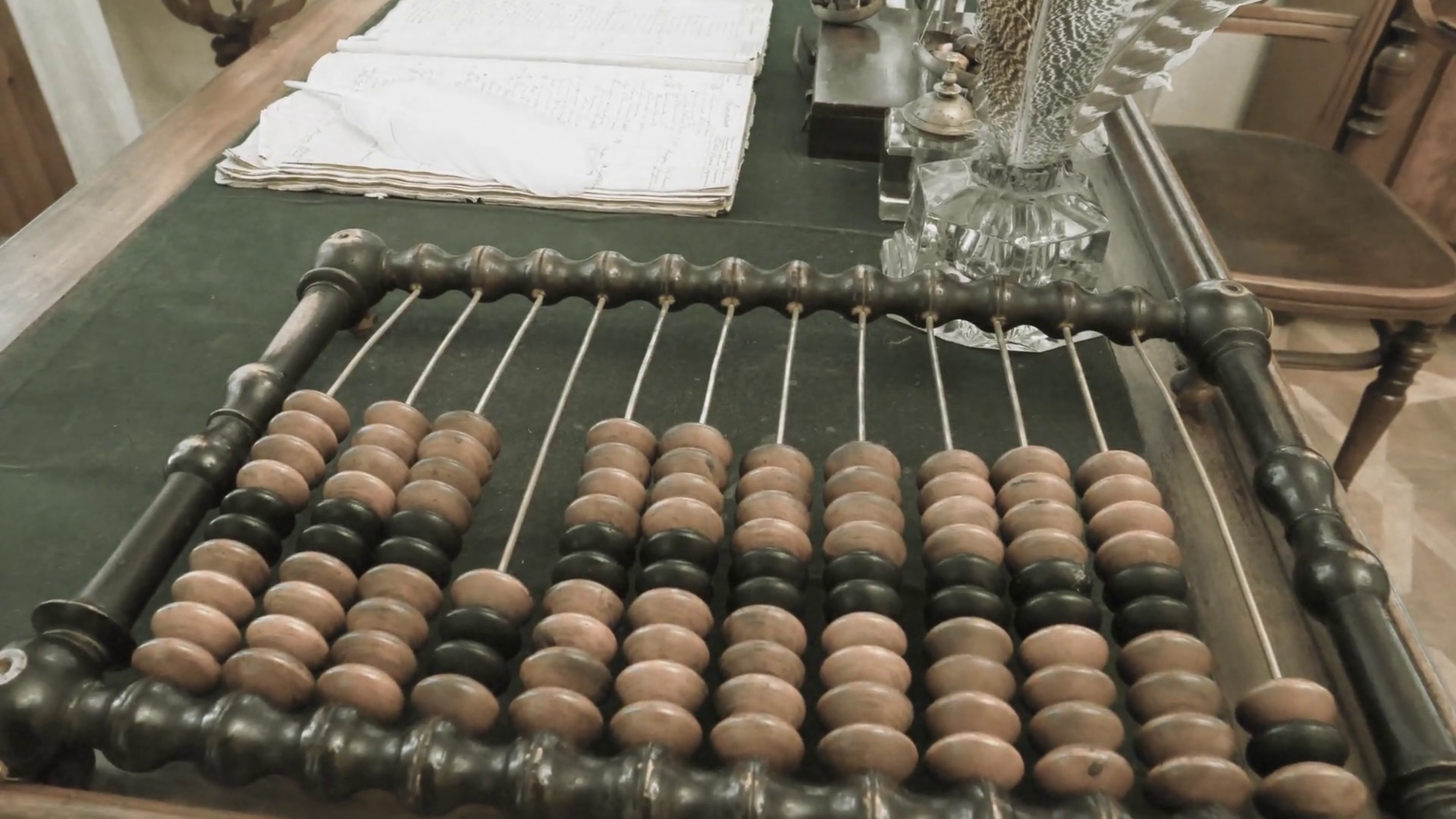 Old Abacus Counting Frame Lies On Table In Stock Footage SBV-349063696 ...