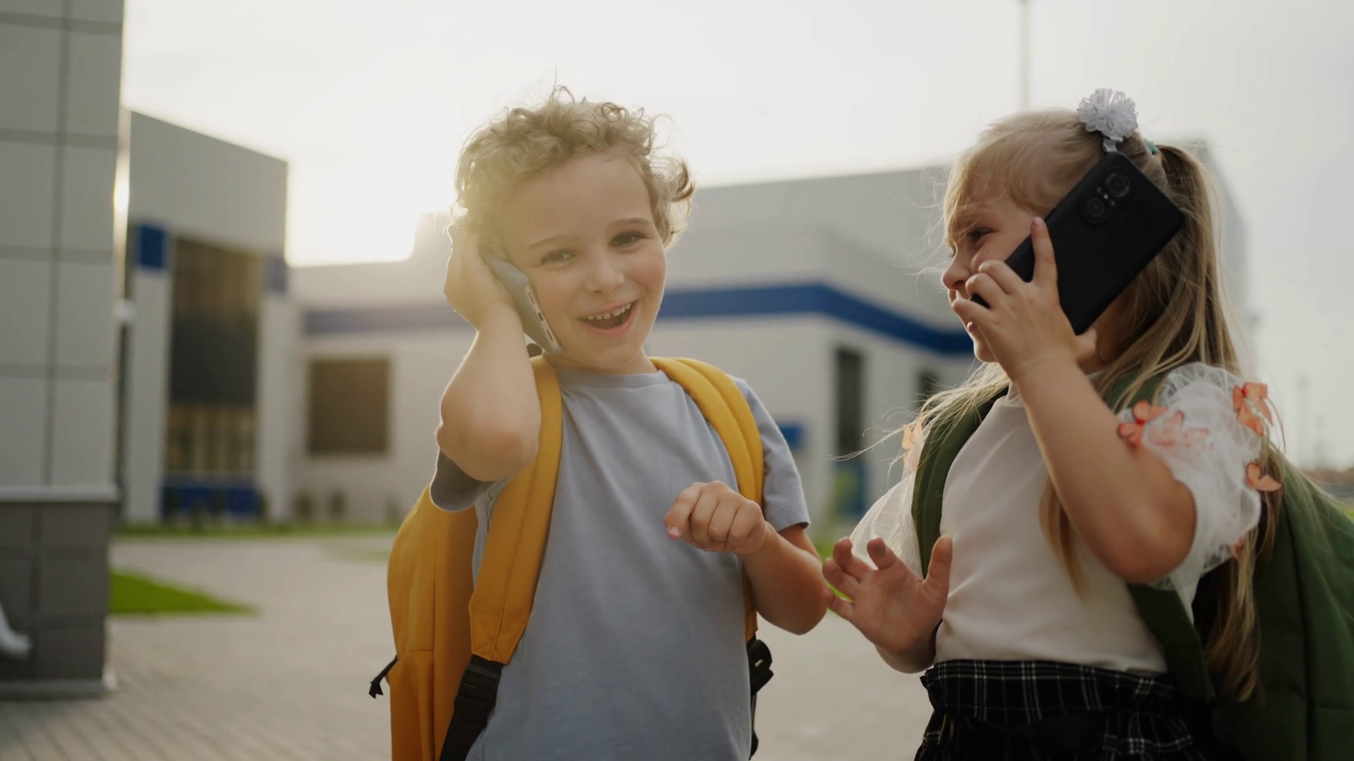 First Graders Boy Girl Calling To Parents Stock Footage SBV-348461338 ...