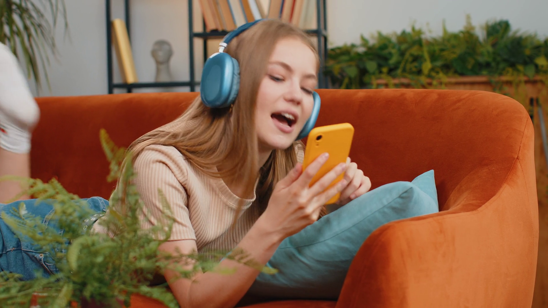 Happy Young Woman In Wireless Headphones Stock Footage SBV-352100669 ...