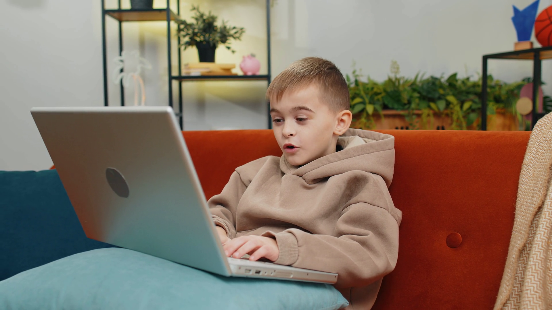 Child Boy Looking At Laptop Camera Making Stock Footage SBV-351986193 ...