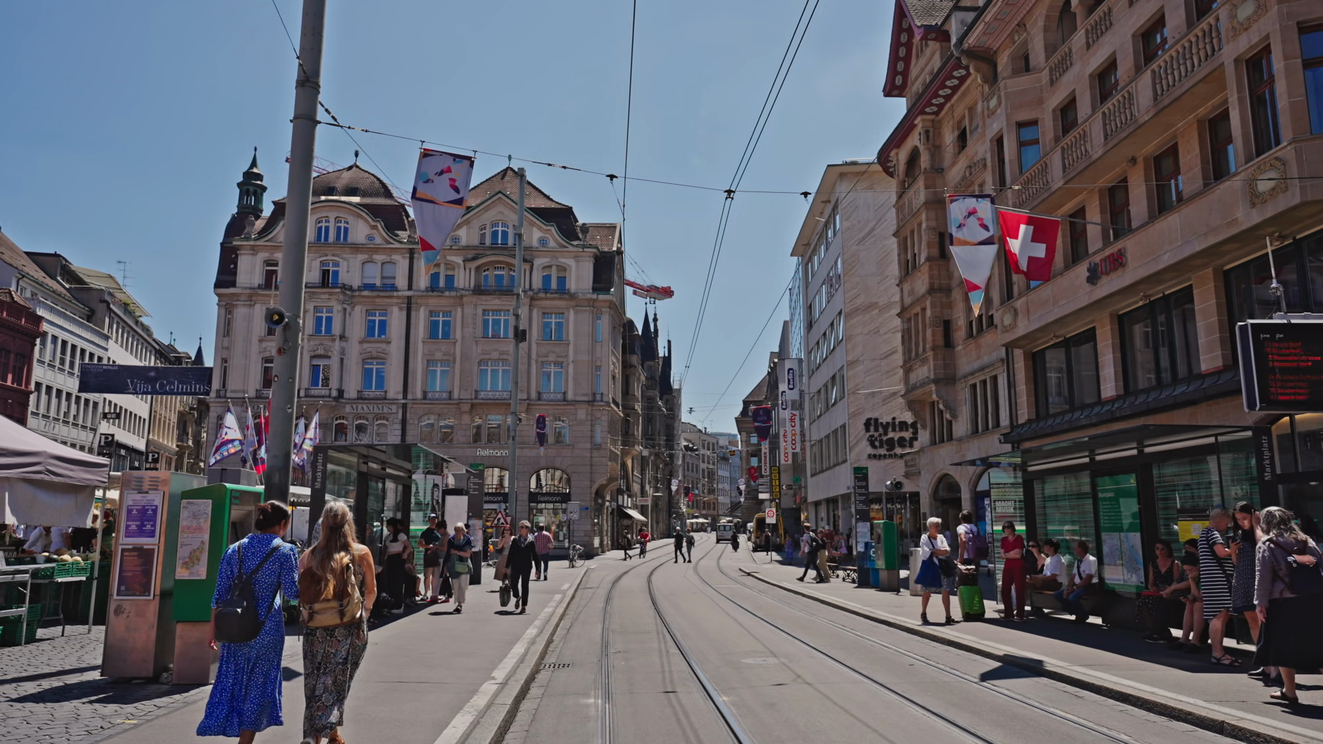Basel City Center With Tram Stops Swiss Stock Footage SBV-353623367