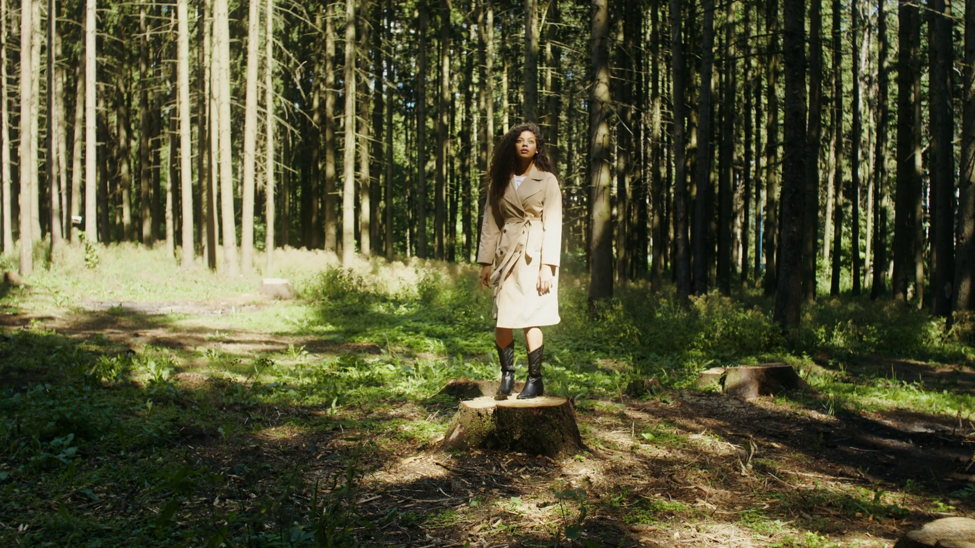 A Woman Stands On Stump Starts To Pose In Stock Footage SBV-353497837 ...