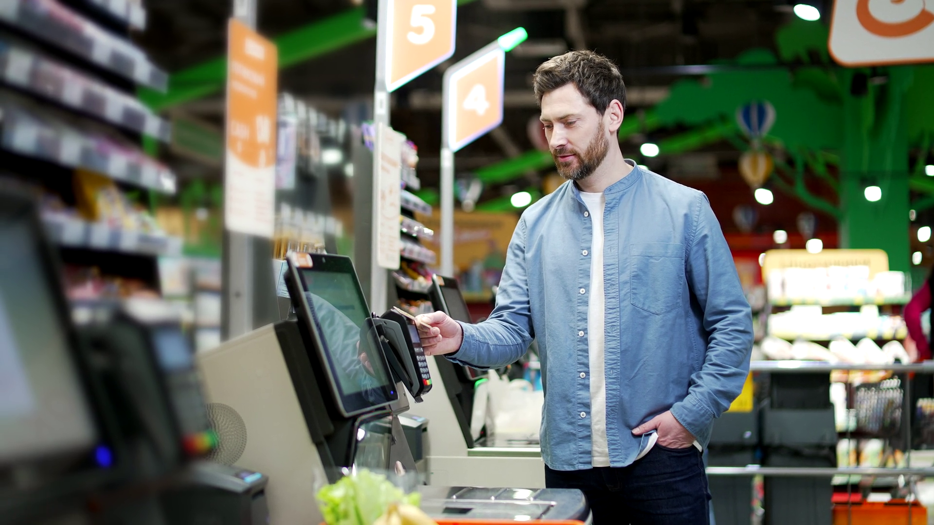 Male Customer Using Self-service Cashier Stock Footage SBV-352100849 ...