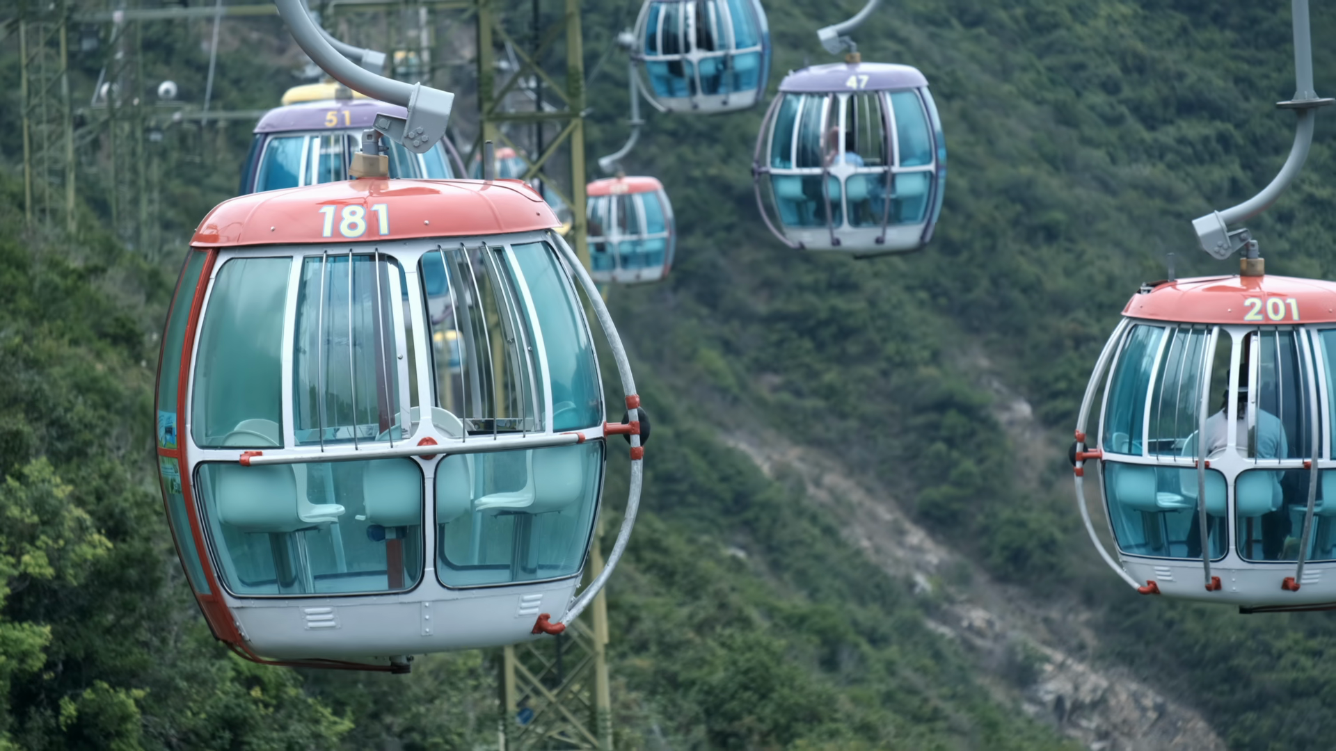 Cable Cars Moving Along Wires Against Misty Stock Footage SBV-353950636 ...