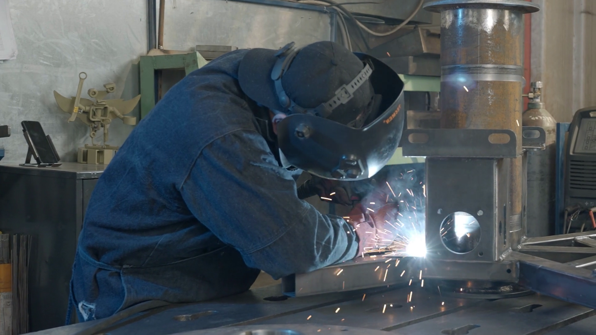 Welder In Workshop Repairs Structure With Stock Footage SBV-348508477 ...