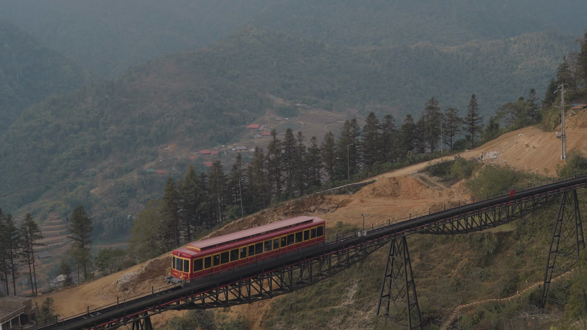 A Red Funicular Train Travels Across Stock Footage SBV-353939746 ...