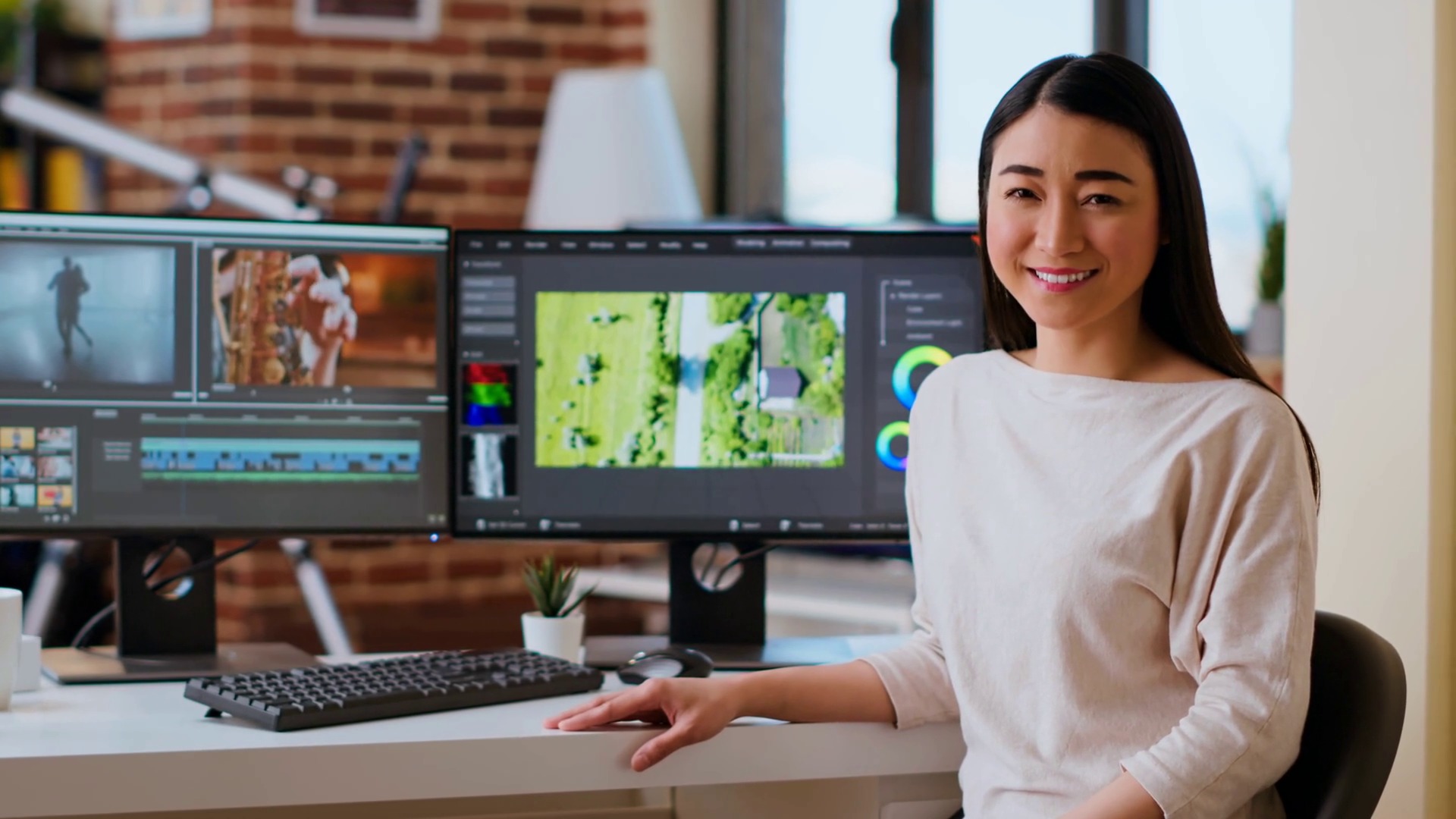 Asian Woman Video Editor Working With Dual Stock Footage SBV-349328443 ...