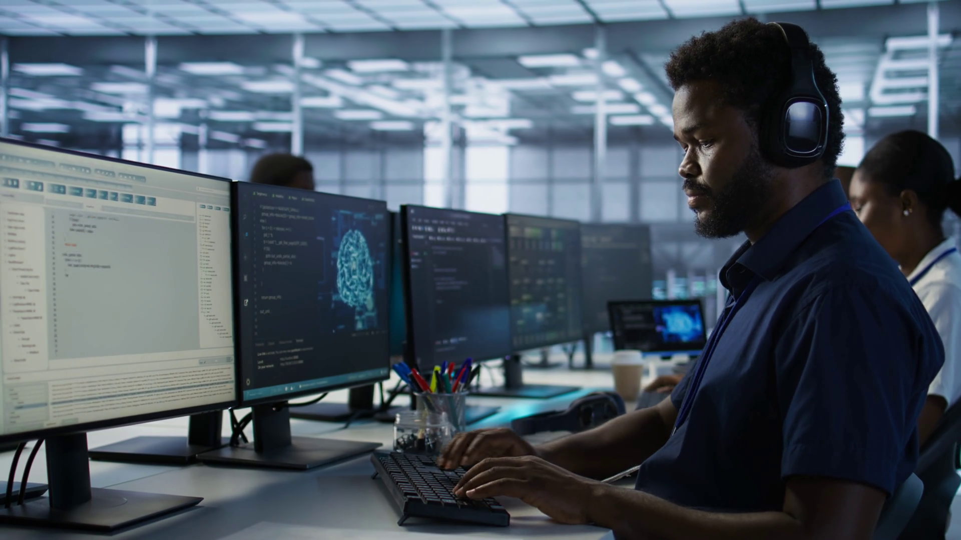 Engineer In Data Center Wearing Headphones Stock Footage SBV-351649598 ...
