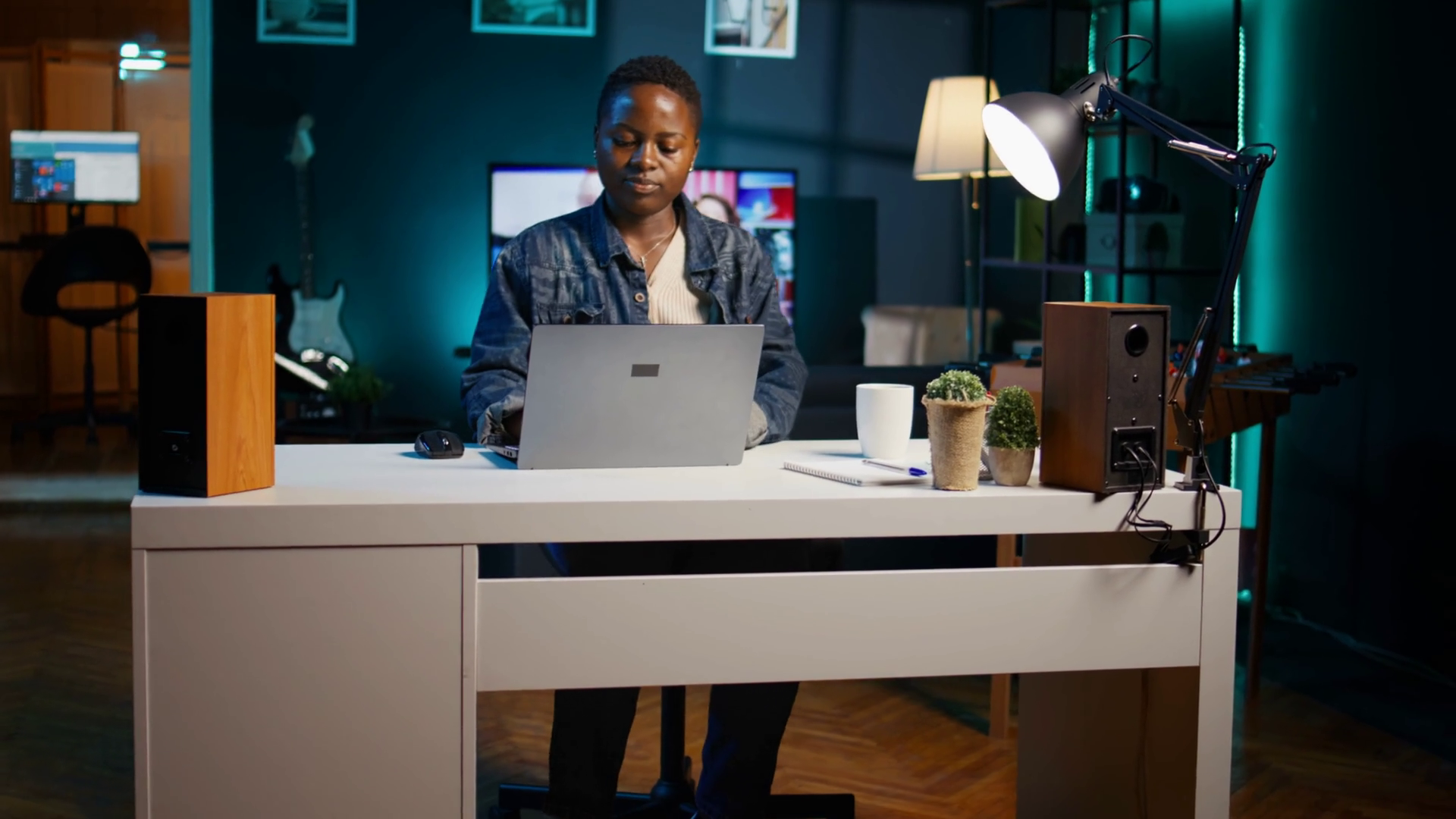 Freelancer In Neon Lit Home Office Sitting Stock Footage SBV-351651203 ...