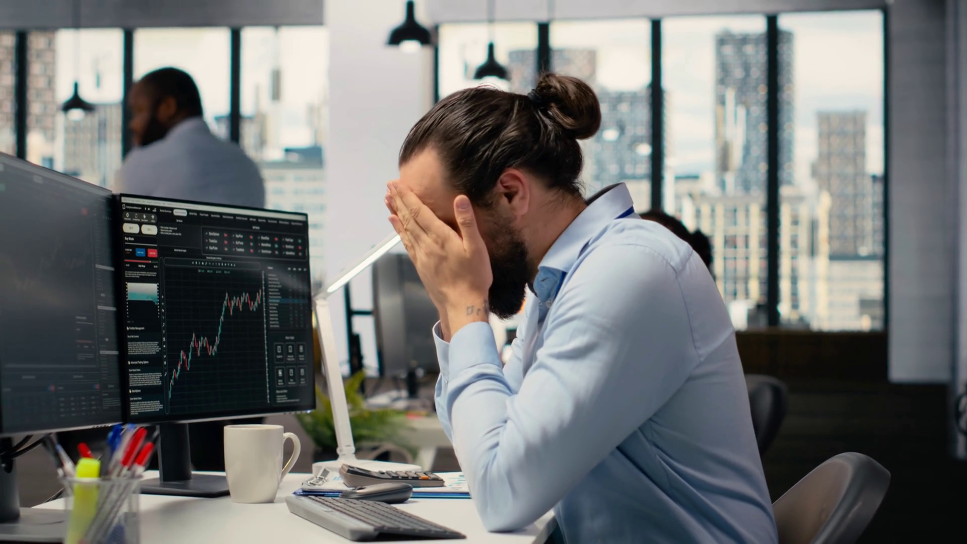 Trader Covering Face In Disbelief Concerned Stock Footage SBV-352641998 ...
