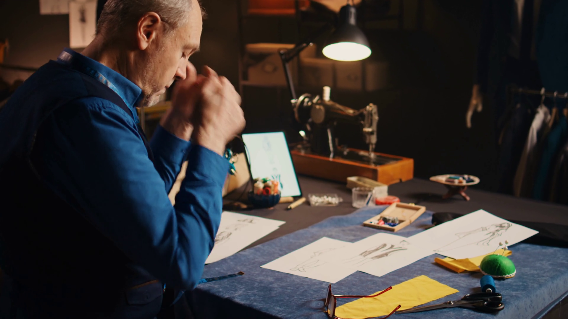 Stressed Tailor Drawing Sketches In Workshop Stock Footage SBV ...