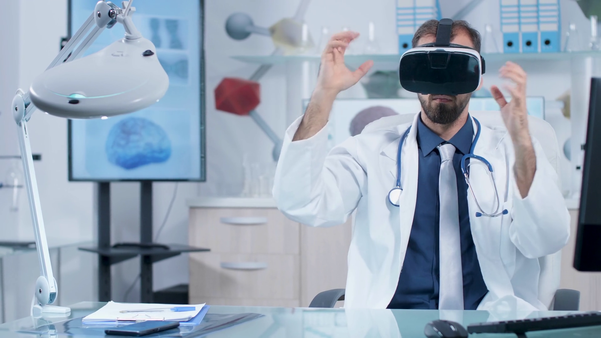Doctor Wearing Vr Headset Working In Virtual Stock Footage SBV ...
