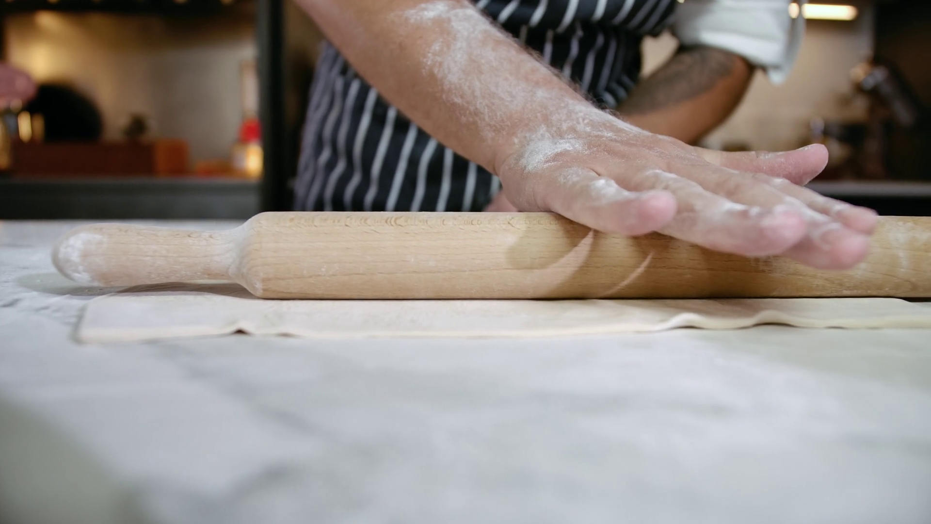 Close-up Hands Of Bakery Cook Using Wooden Stock Footage SBV-348736652 ...