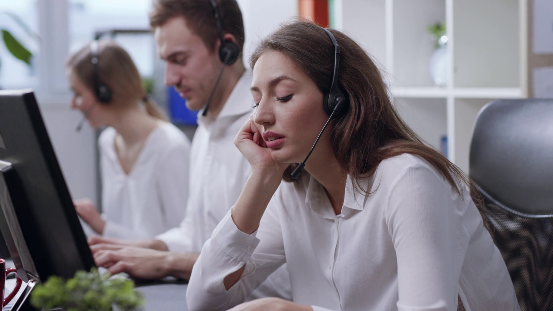 Sad Young Woman Service Operator Taking Stock Footage SBV-351920841 ...