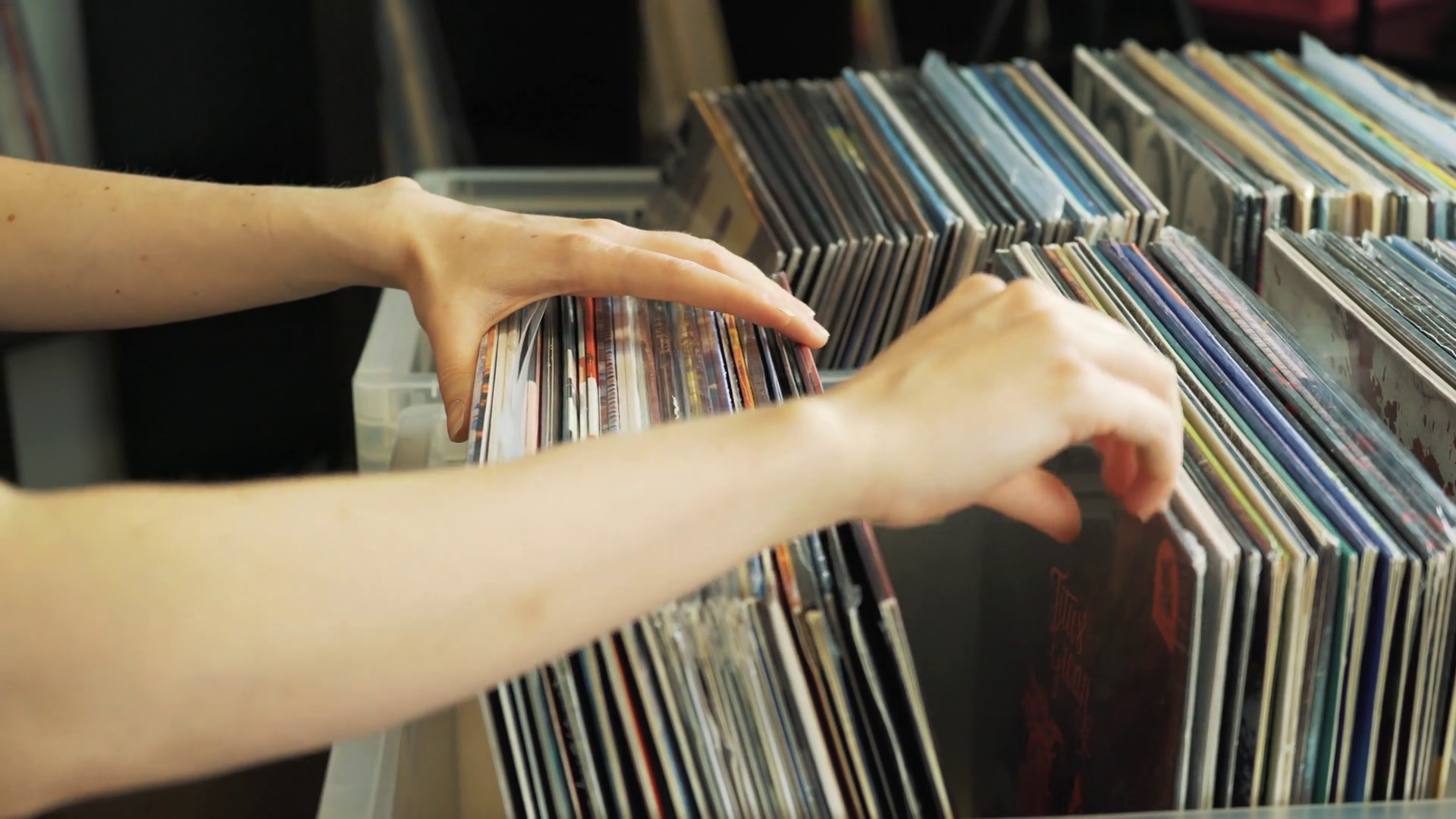 Woman Browsing Vintage Vinyl Records At Flea Stock Footage SBV ...