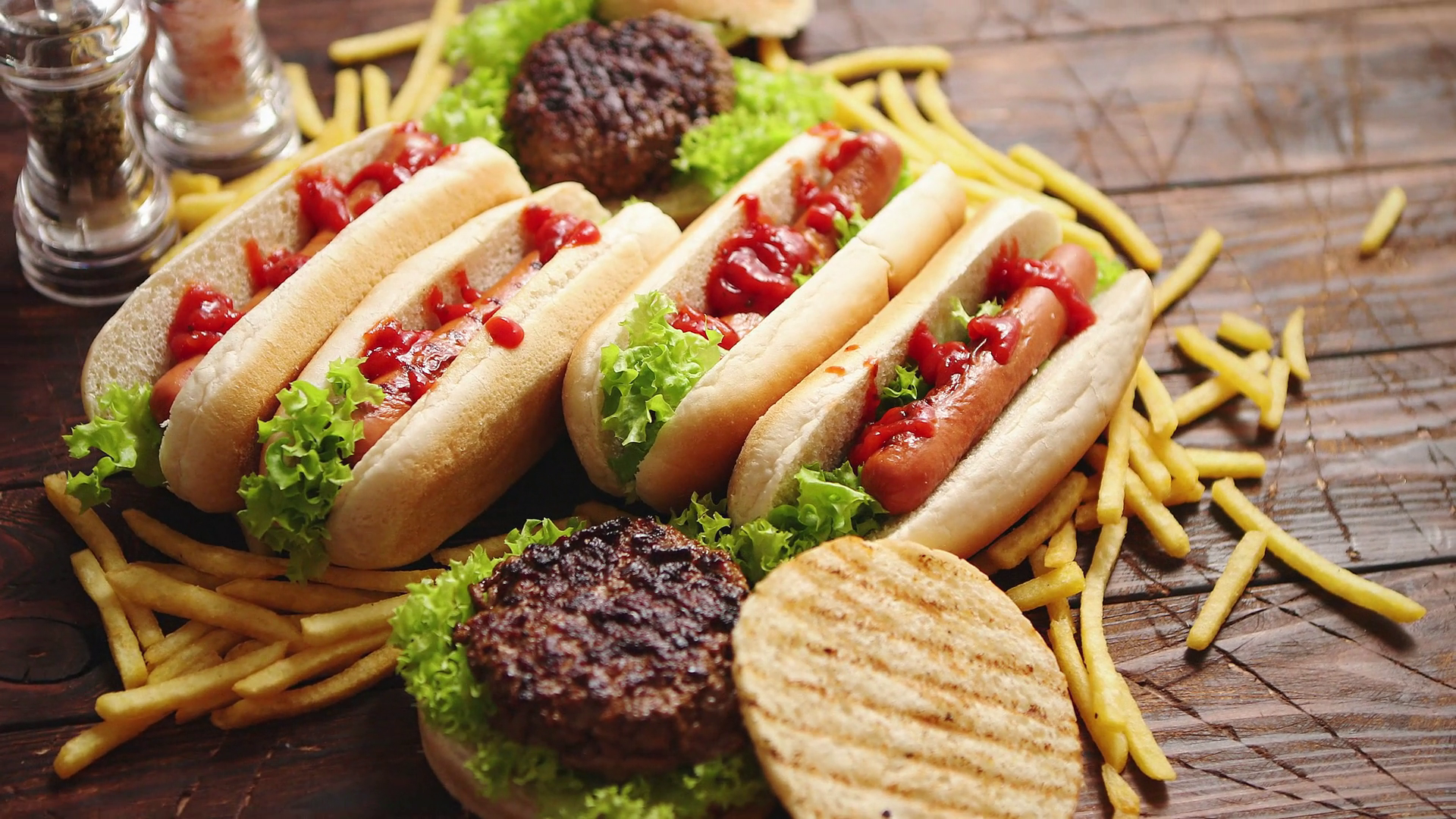 Delicious Fast Food Snacks On Rustic Table Stock Footage SBV-328874648 ...