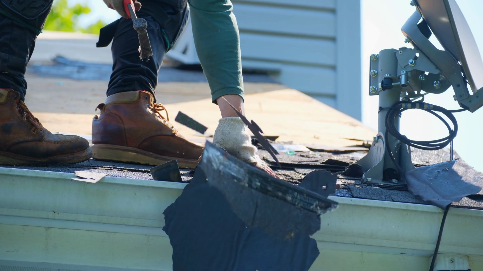 Roofer Removes Damaged Roof Covering Stock Footage SBV-352113187 ...