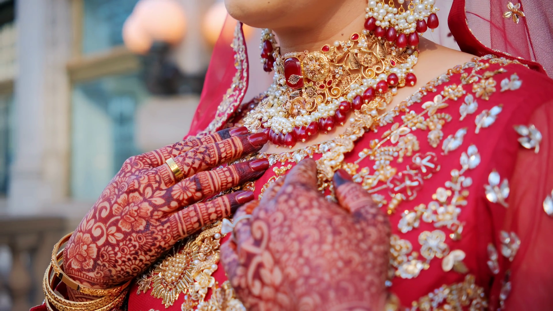 Bride Is Keeping Red Henna Painted Hands In Stock Footage SBV-352605809 ...