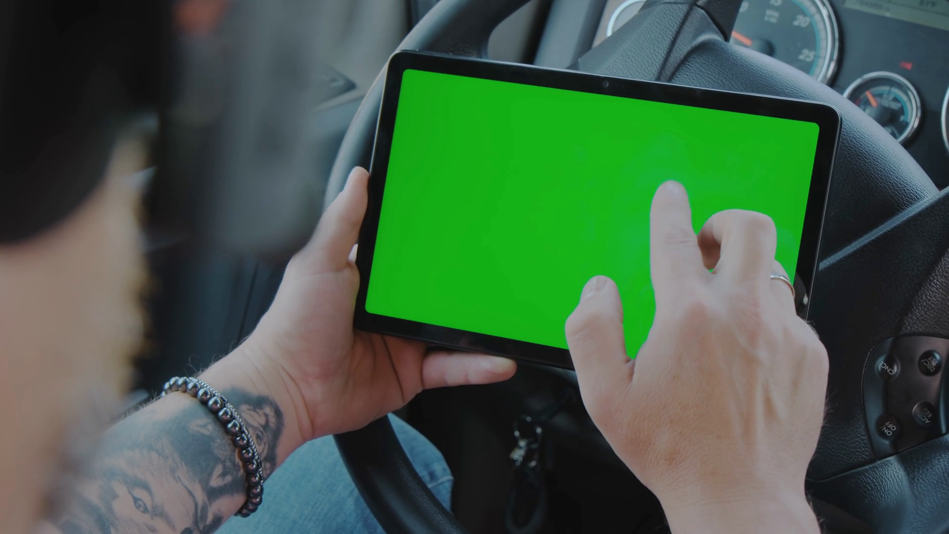 The Driver In Truck Holds Tablet With Green Stock Footage SBV-348033036 ...