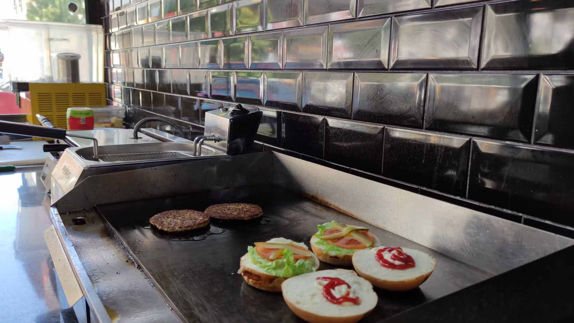 8k Hamburger Cooking Line Shows Bun Halves Stock Footage SBV-354036789 ...