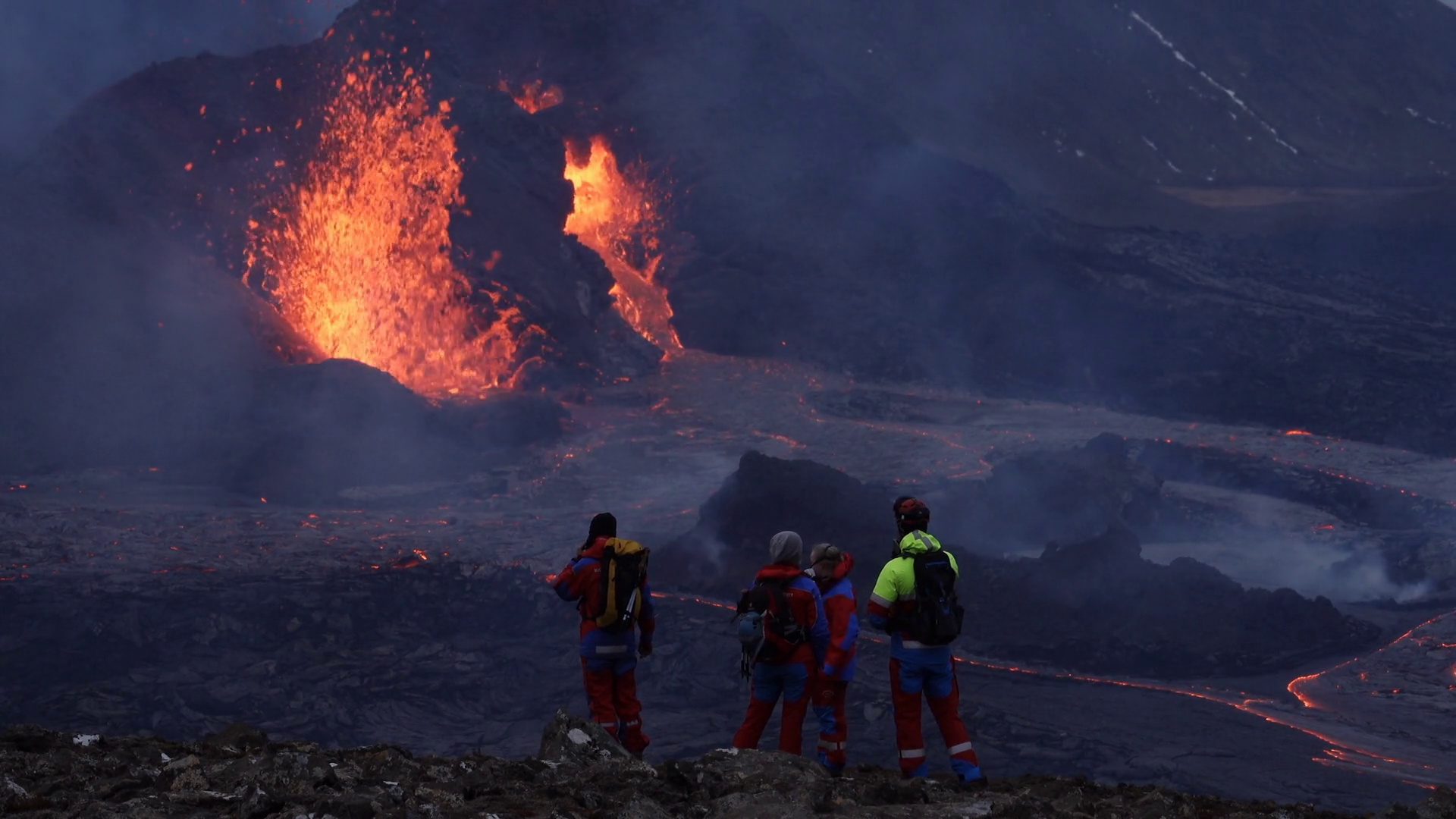 Emergency Volunteers In Front Of Volcano Stock Footage SBV-348365401 ...