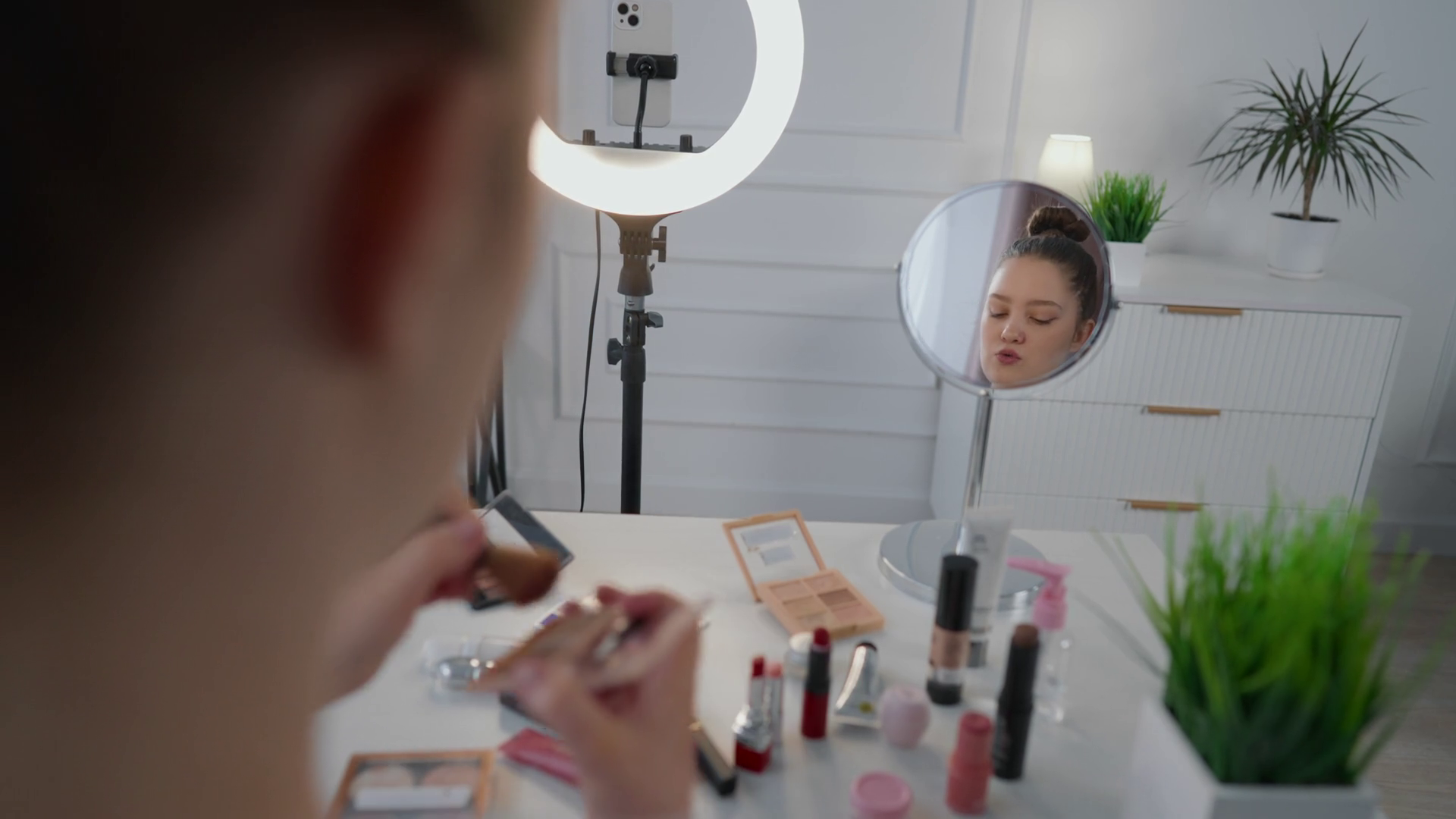 Cheerful Makeup Artist Filing Video Tutorial Stock Footage SBV ...