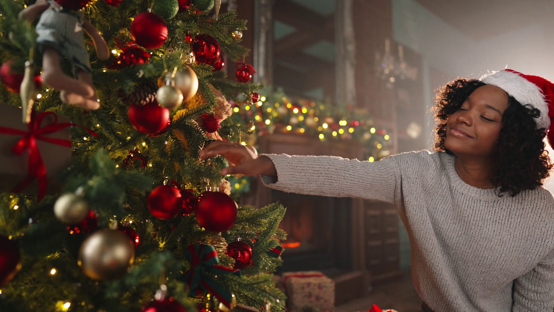 African American Young Woman In Santa Hat Stock Footage SBV-348643432 ...