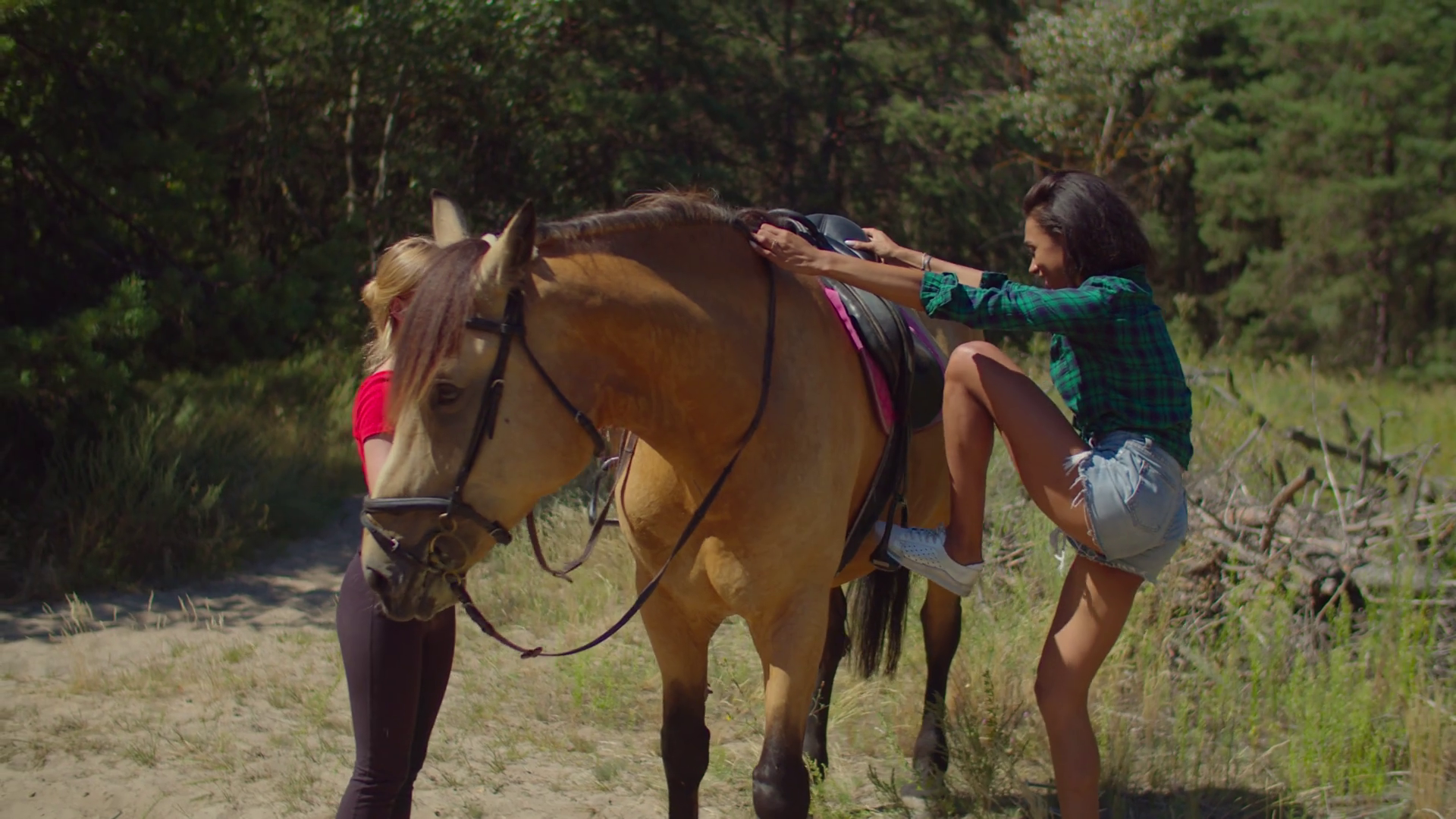 Lovely Woman Riding Horse With Instructor In Stock Footage SBV ...