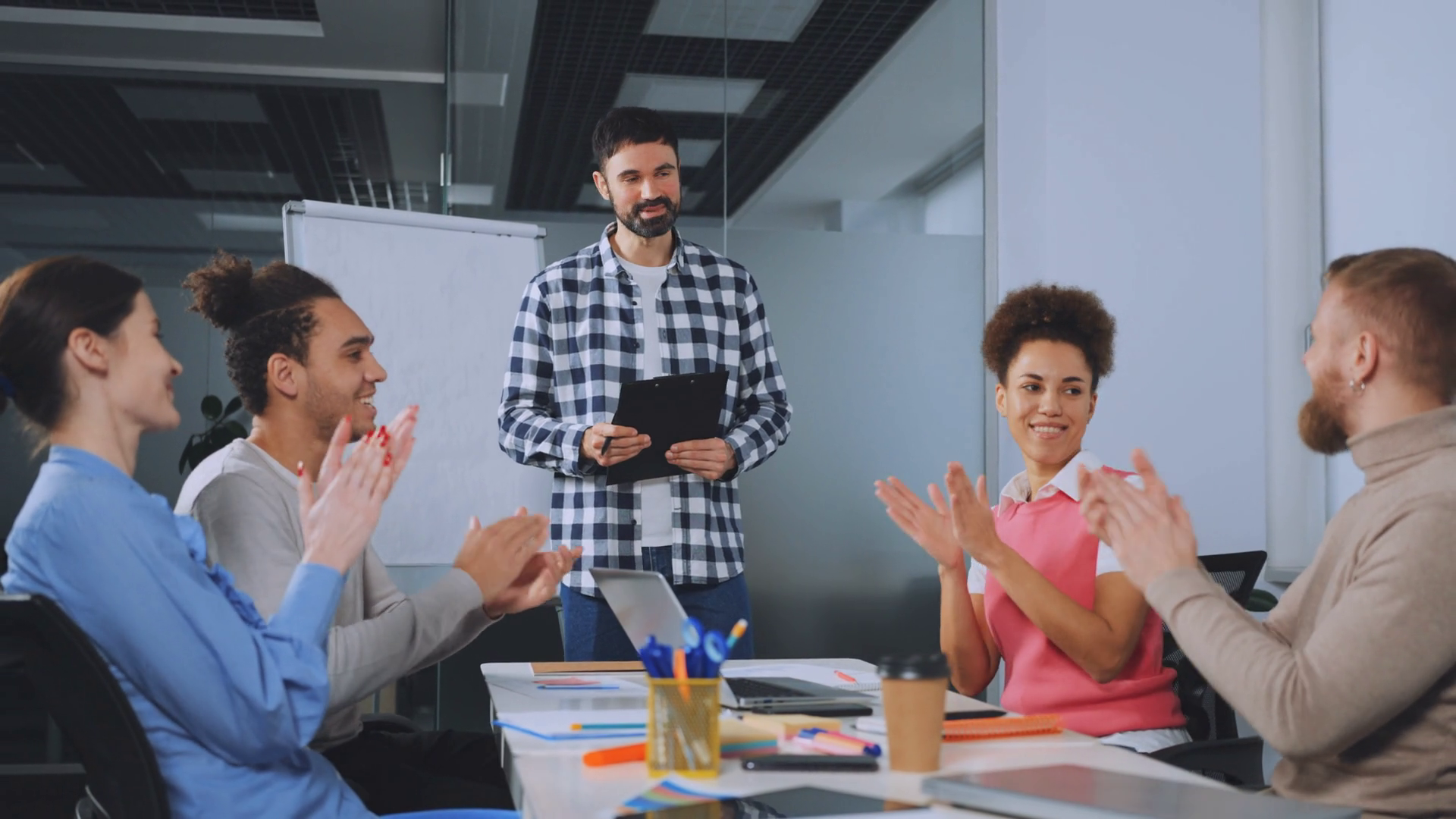 Team Members Clapping Presentation In Office Stock Footage SBV ...