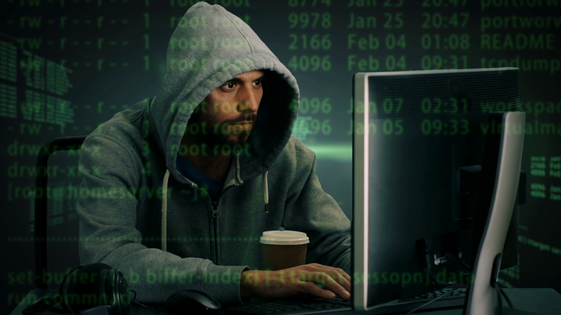 Mid Shot Of Hacker Wearing Hoodie Sitting At Stock Footage SBV ...
