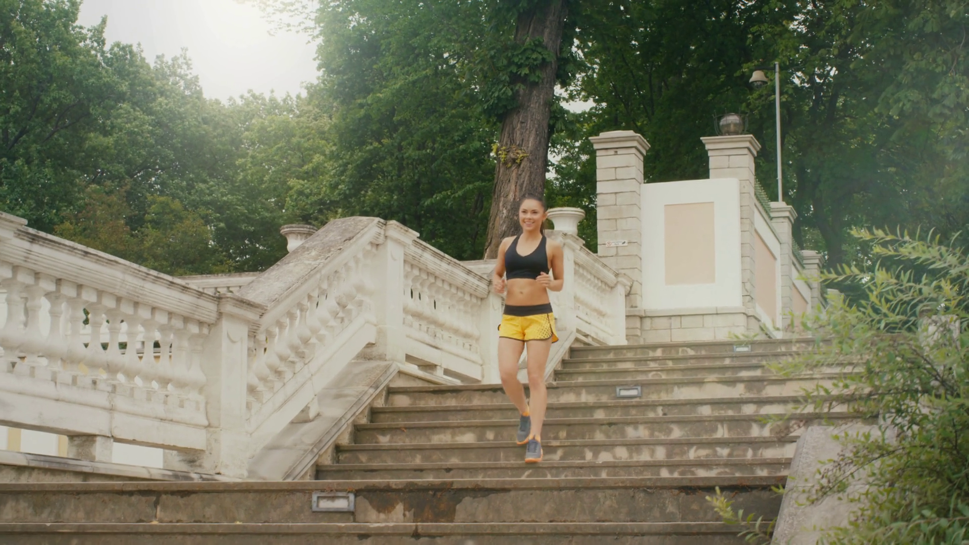 Young Girl Is Running Down Stairs During Stock Footage SBV-351897648 ...
