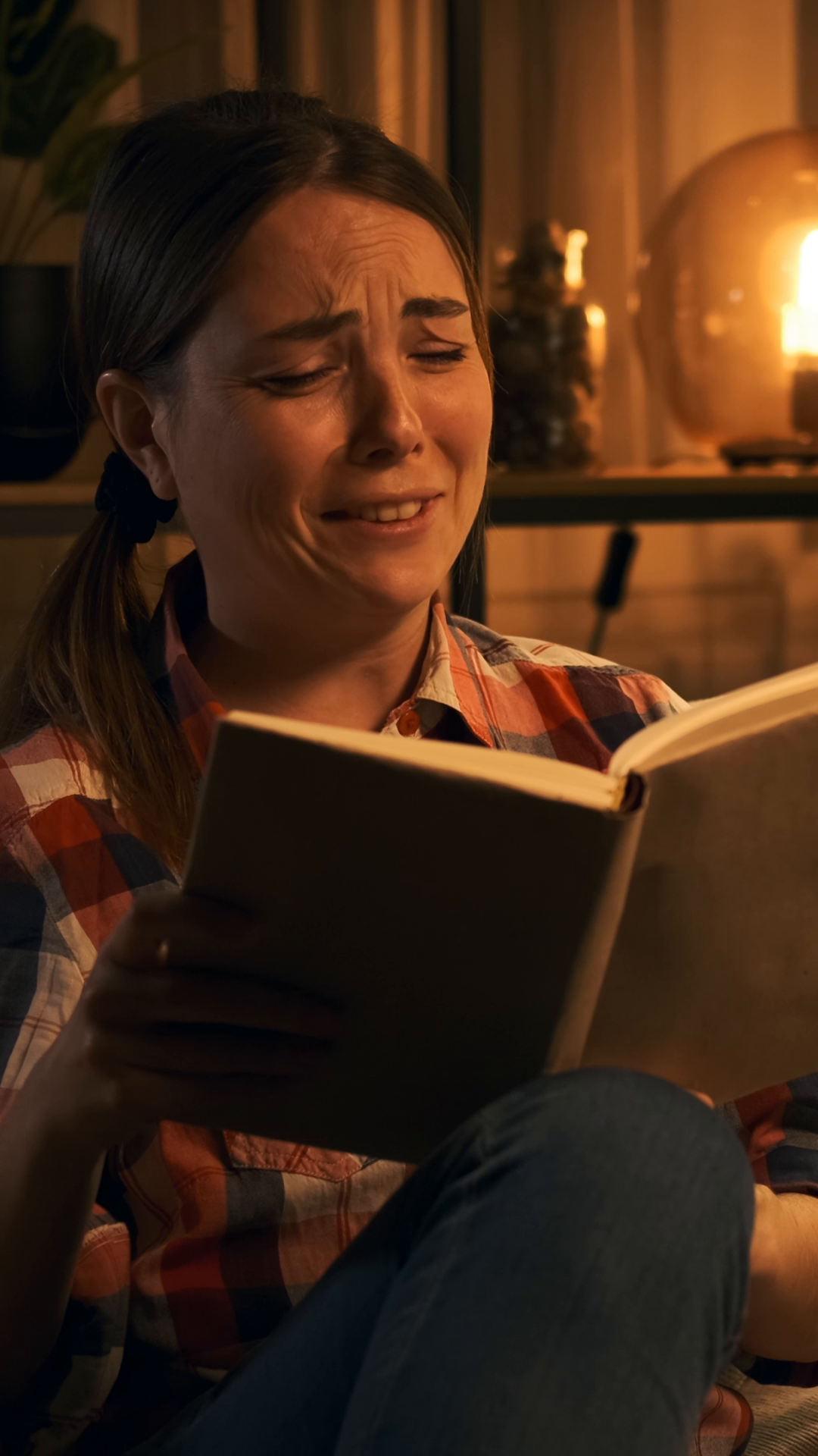 Emotional Young Woman Crying Reading Book At Stock Footage SBV ...