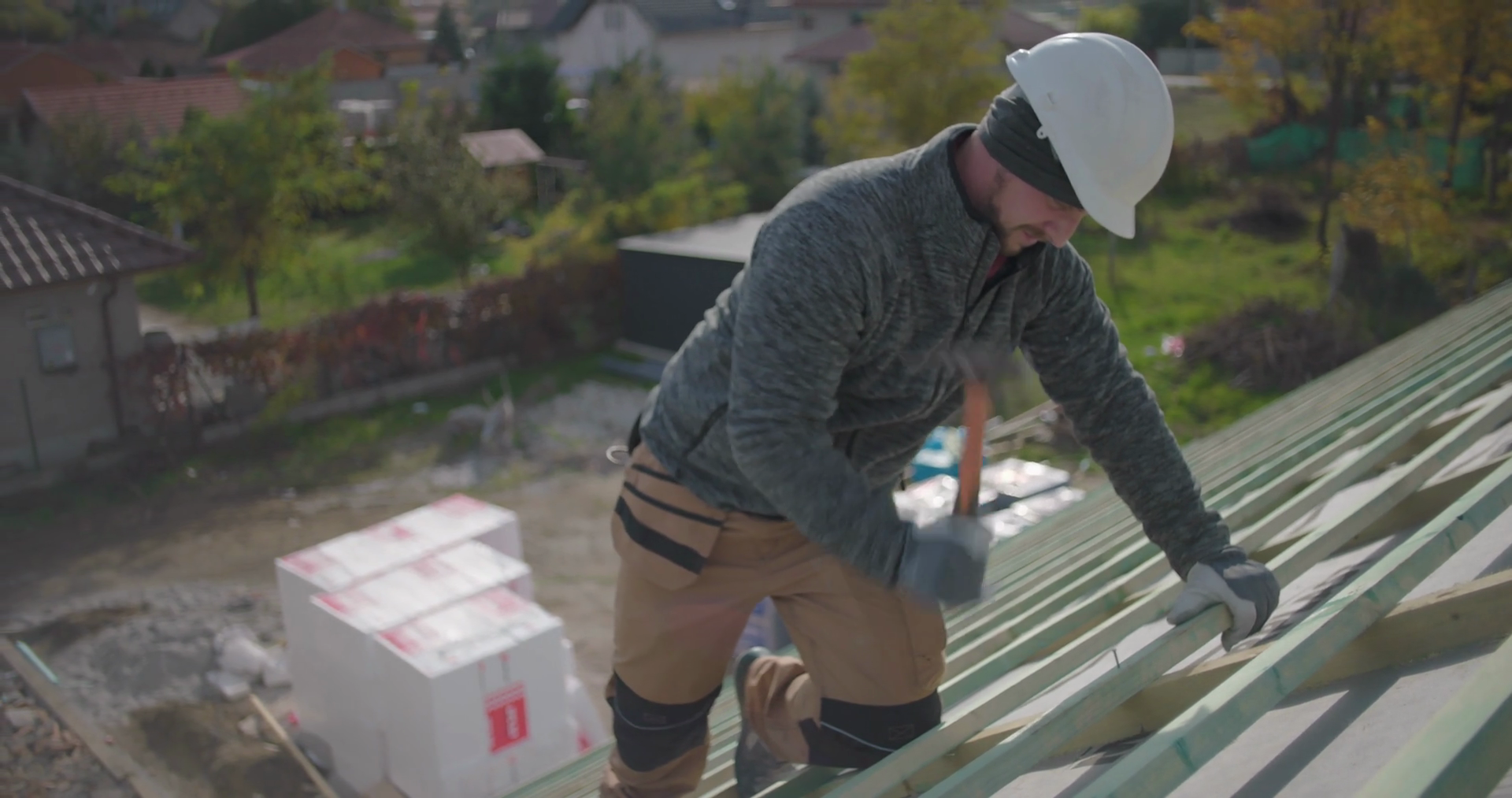 Construction Worker Securing Wooden Beams On Stock Footage SBV ...