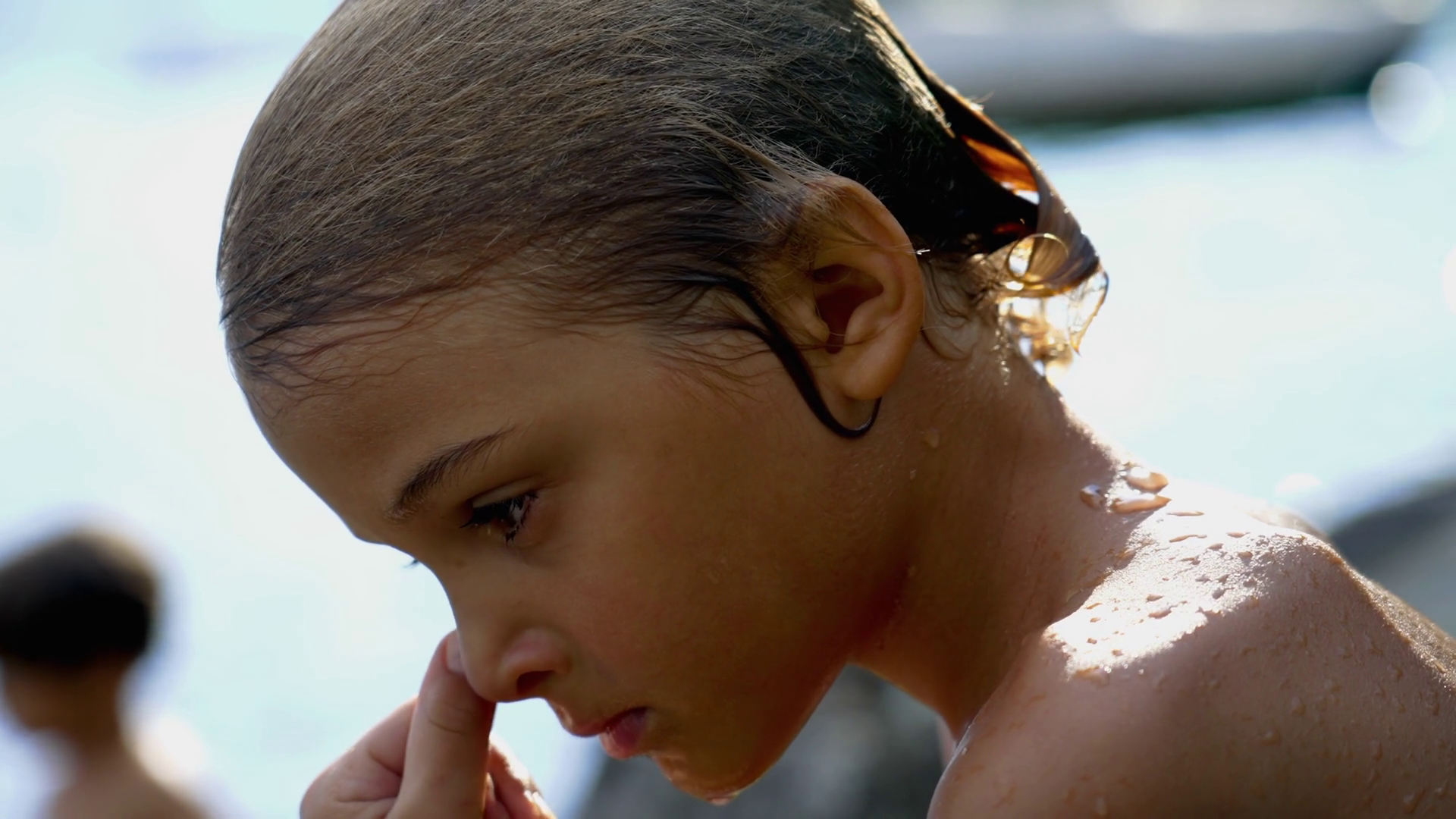 Pensive Wet Child Drying Outside Bathing In Stock Footage SBV-348889011 ...
