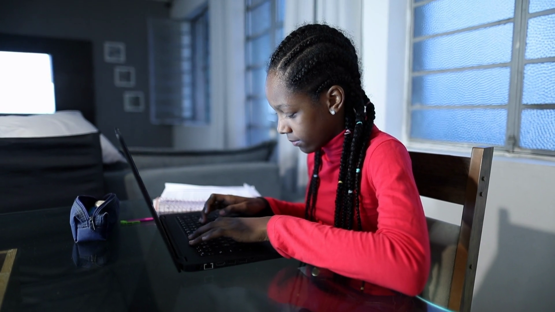 Teen Black Girl Typing On Computer Laptop At Stock Footage SBV ...