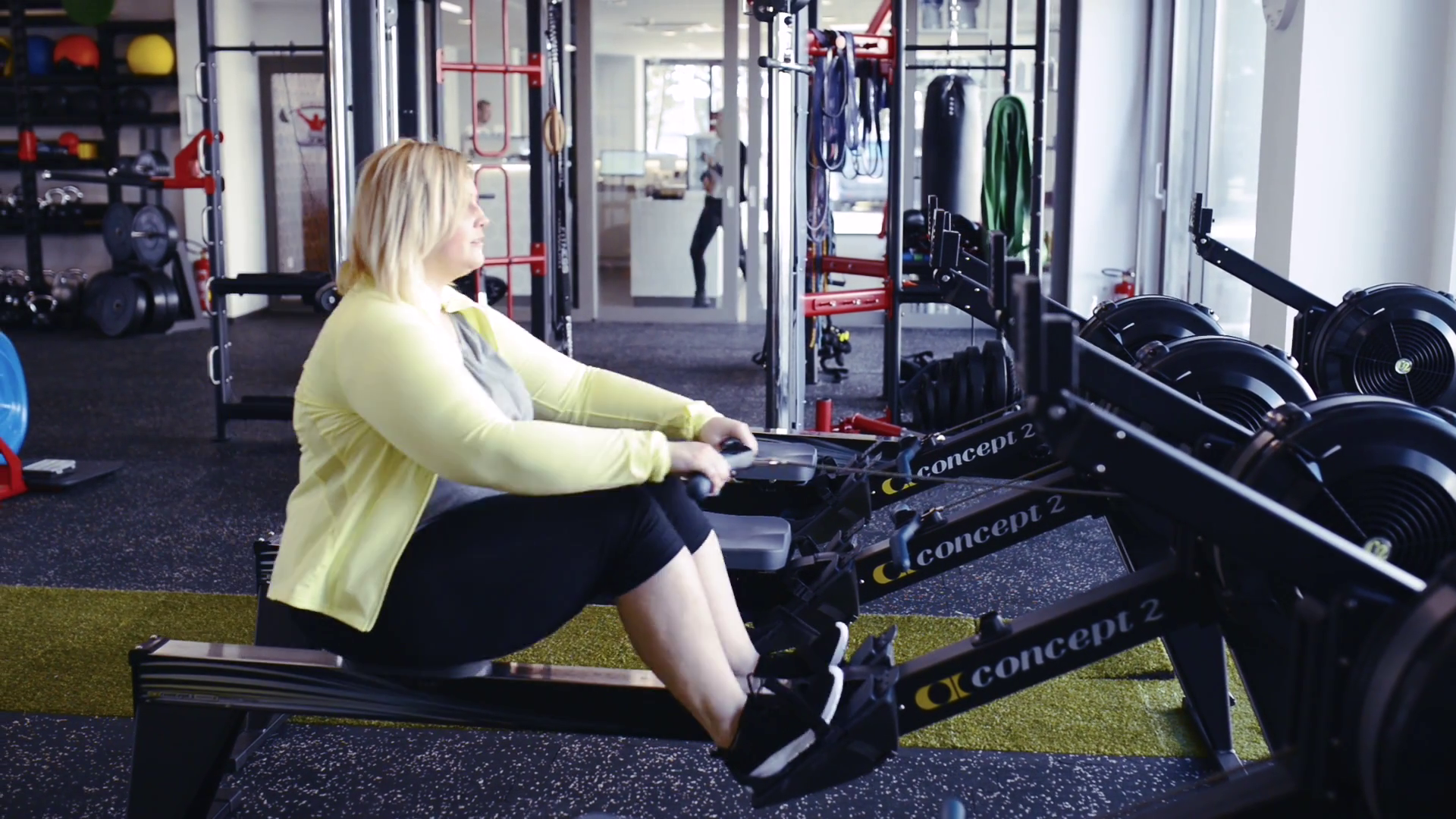 Overweight Woman In Gym Exercising On Rowing Stock Footage SBV ...