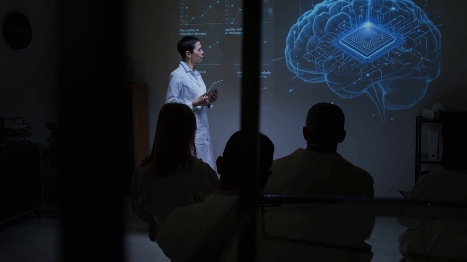 Female Bioengineer In White Coat Pointing At Stock Footage SBV ...