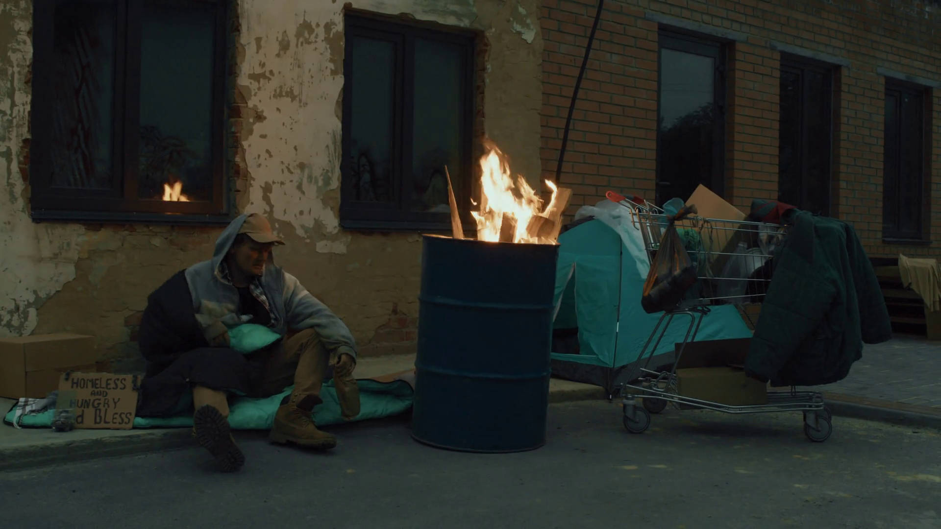 Long Shot Of Tramp Preparing Sleep In Stock Footage SBV-348377272 ...