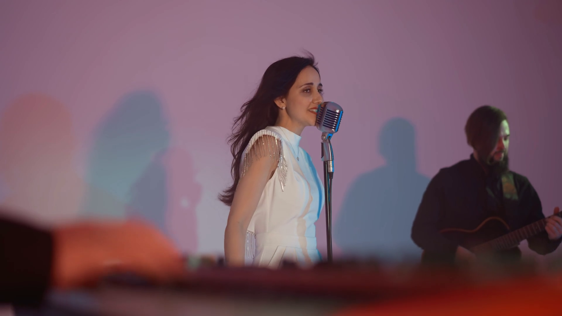 Female Singer In White Gown Performing With Stock Footage SBV-349169505 ...