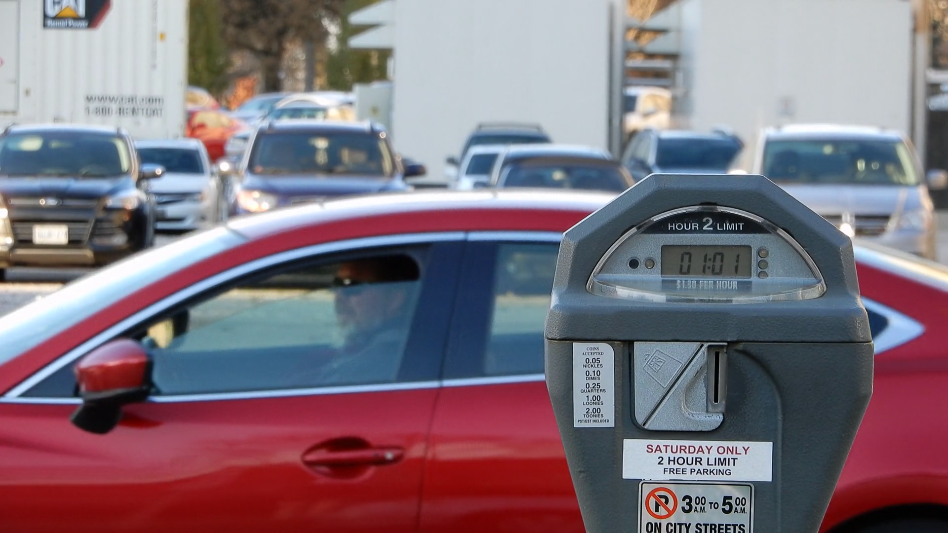 A Red Car Stops Cars Drive Parking Meter Stock Footage SBV-347744507 ...