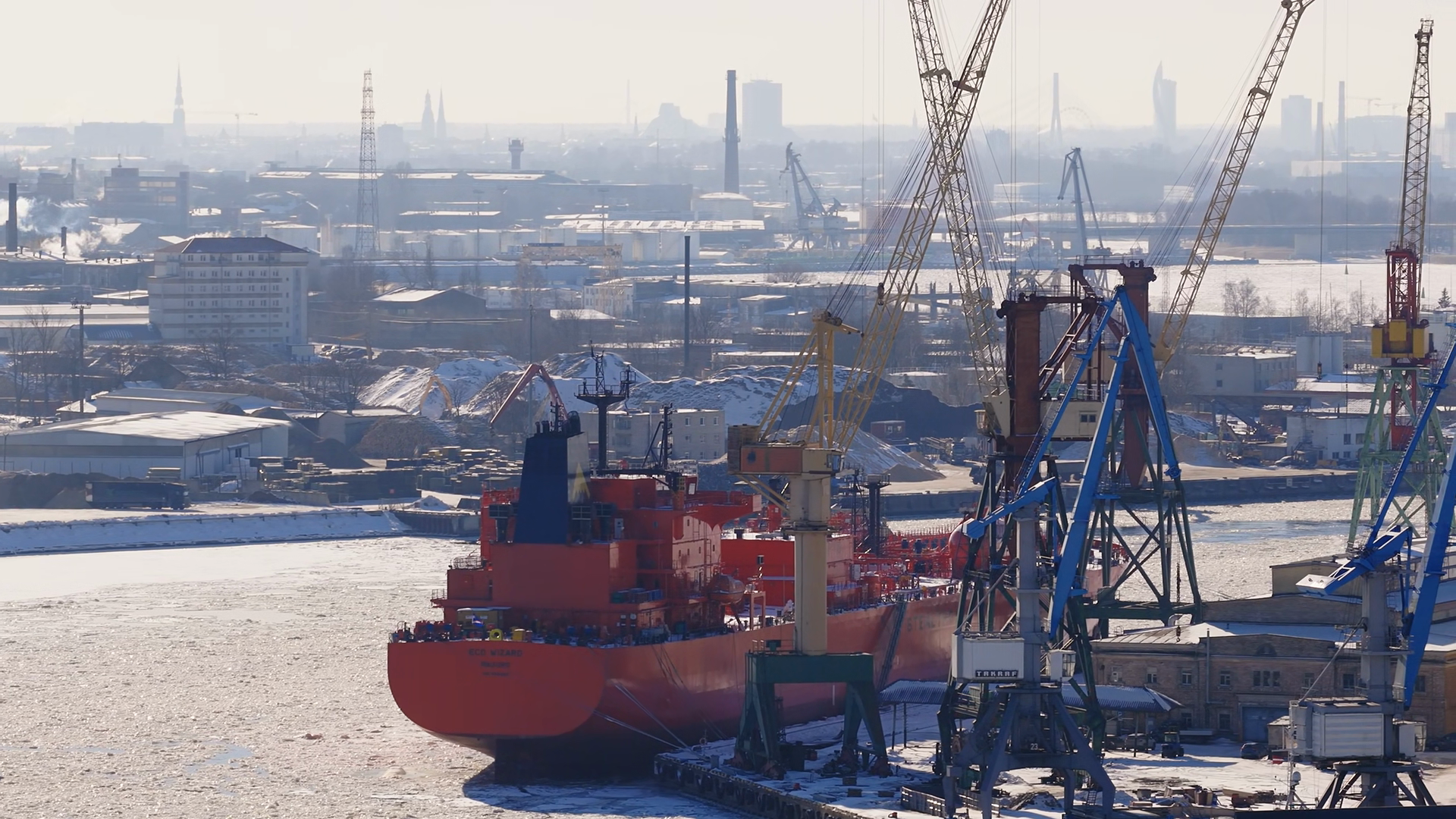 Aerial View Of Riga Shipyard Bright Red Stock Footage SBV-354237501 ...