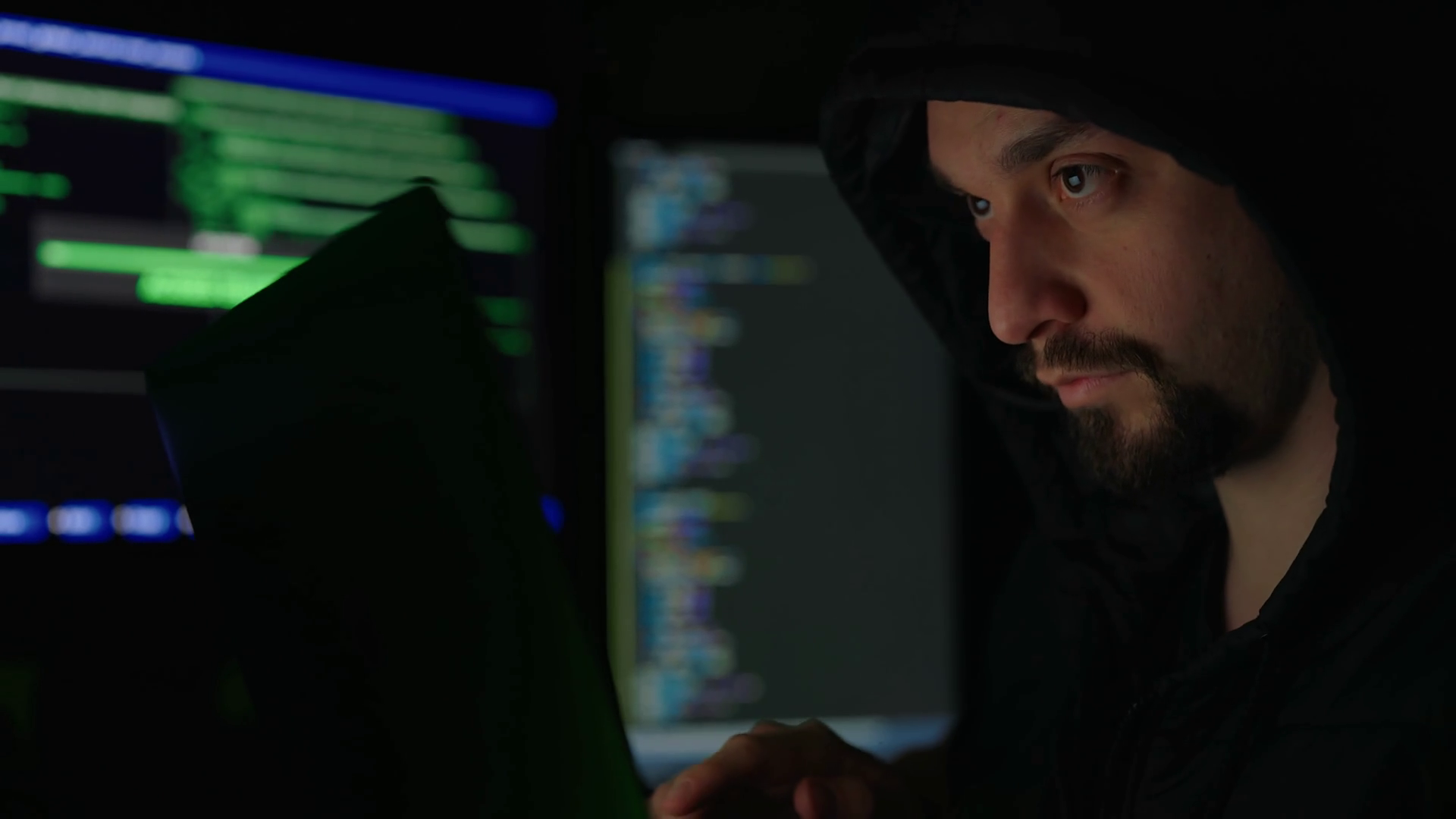 Bearded Male Hacker In Black Hoodie Sitting Stock Footage SBV-351916048 ...