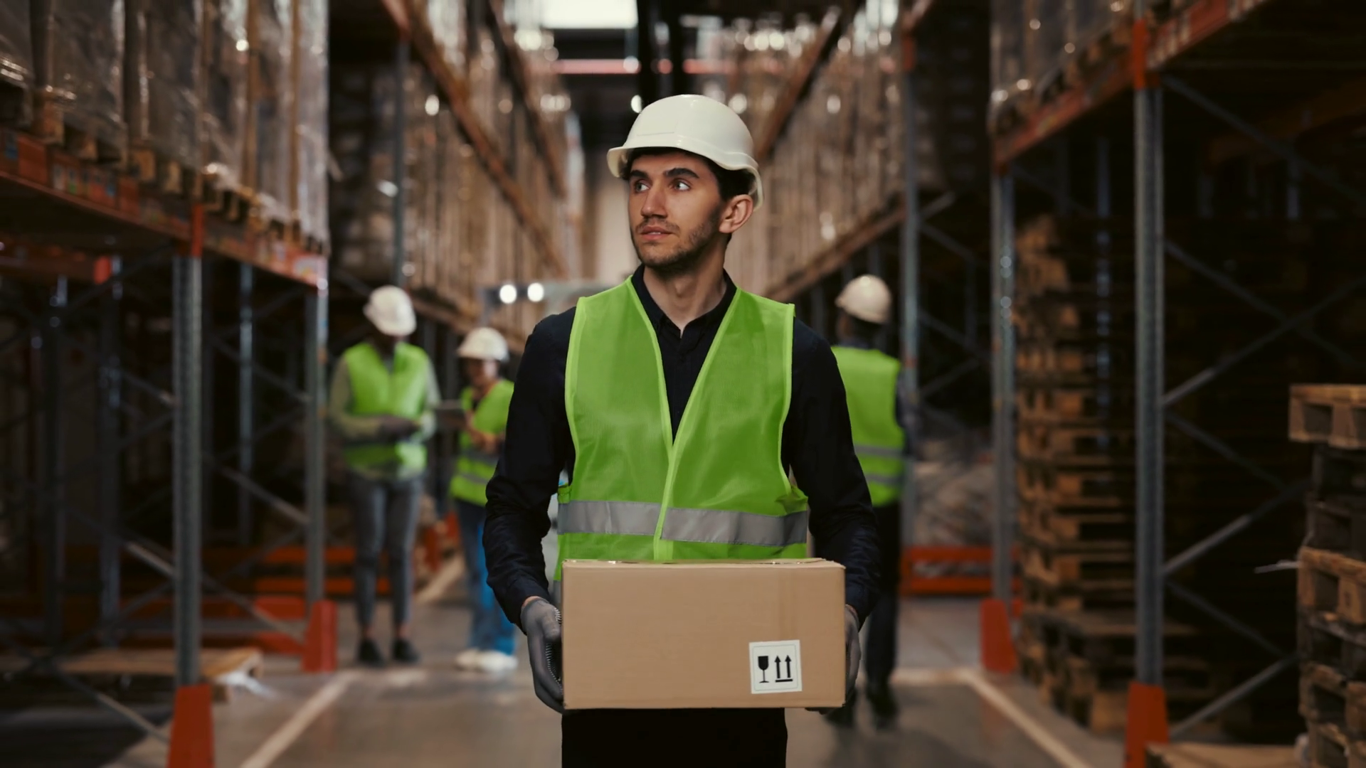 Handsome Guy Worker In Hard Hat Carries Stock Footage SBV-351915546 ...