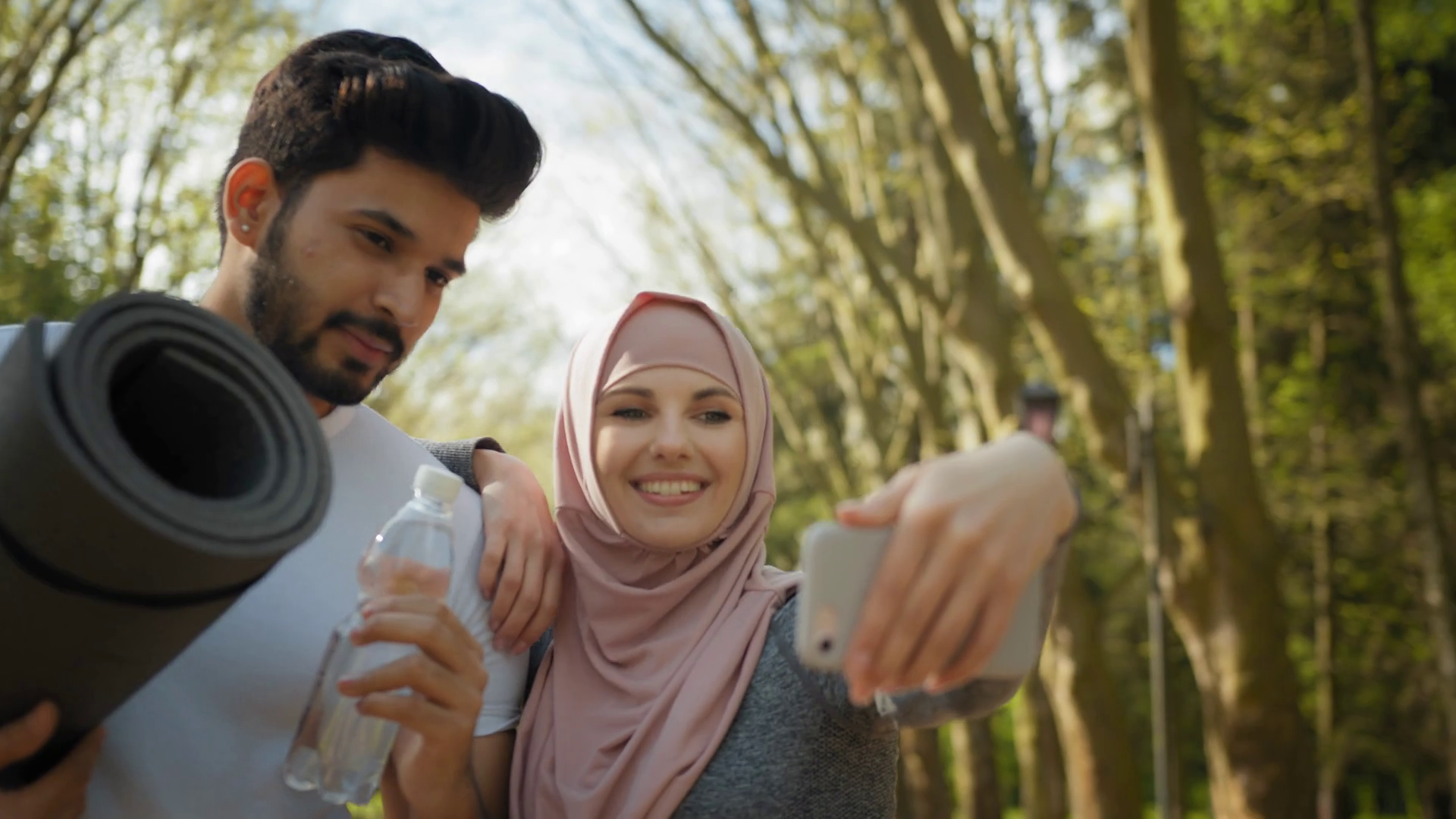 Cheerful Muslim Man Woman In Hijab Taking Stock Footage SBV-348497906 ...