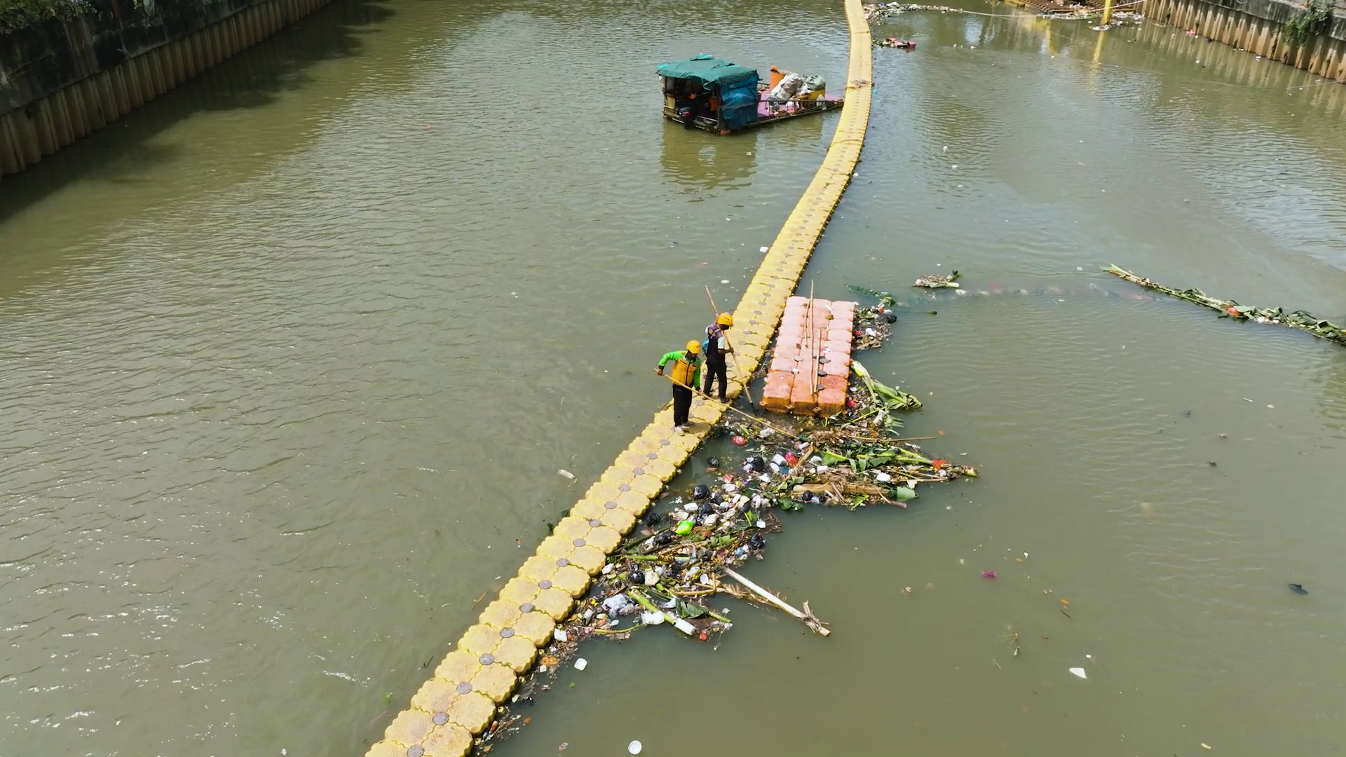 Workers On Floating Garbage Trap Clear River Stock Footage SBV ...