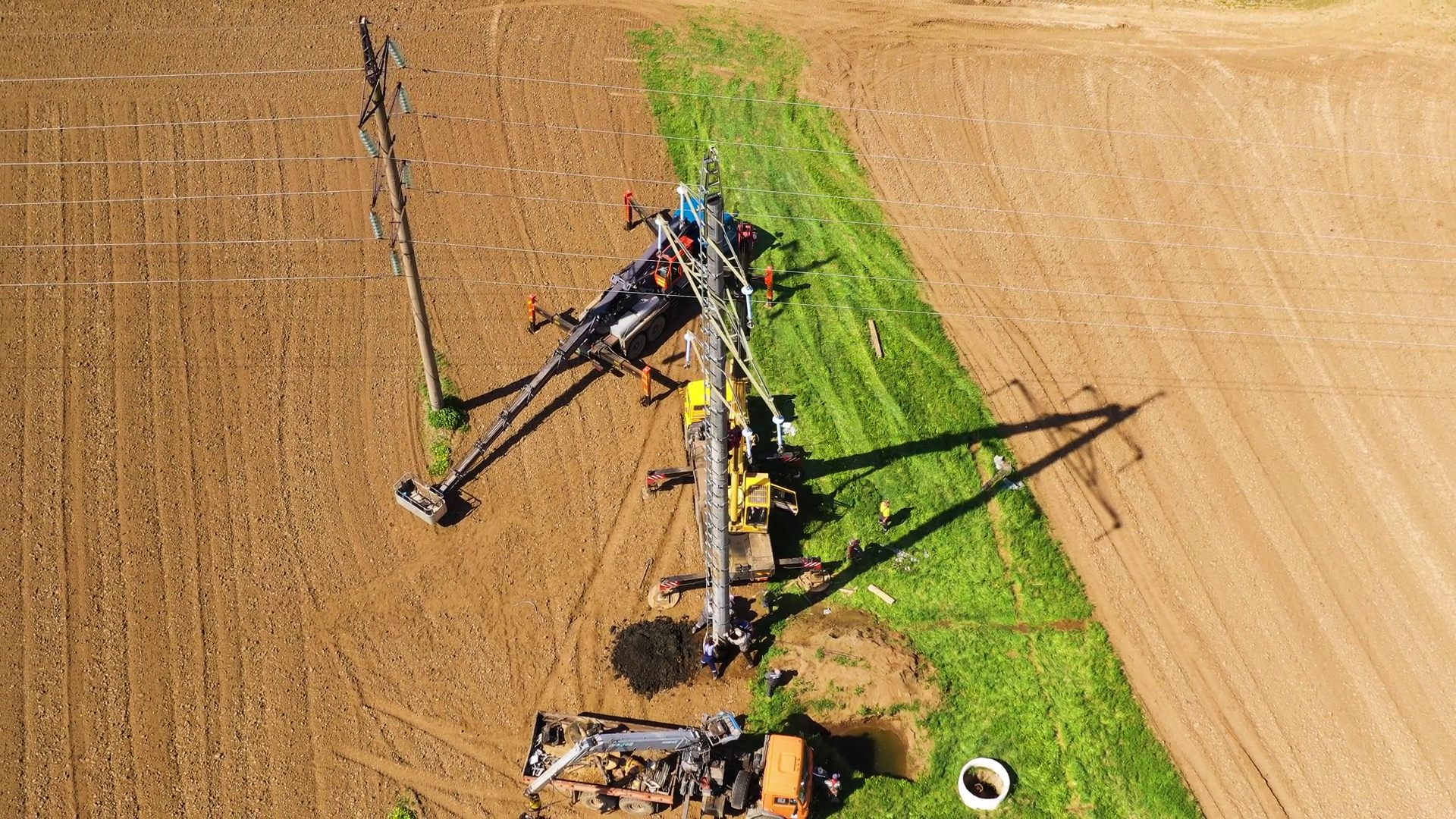 Top View Of Installation Of Power Line Pylon Stock Footage SBV ...